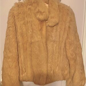 VINTAGE FUR JACKET -100% rabbit -nylon lining -size MEDIUM-made in Korea-camel